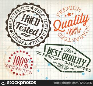 Vector retro teal vintage stamps for quality on old squared paper