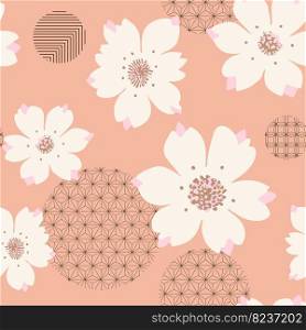 Vector Retro Vintage Japanese Style Abstract Cherry Blossom or Sakura Floral Seamless Surface Pattern for Products, Fabric or Wrapping Paper Prints.