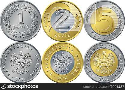 vector reverse and obverse Polish Money one, two and five zloty gold and silver coins with Value and eagle in golden crown