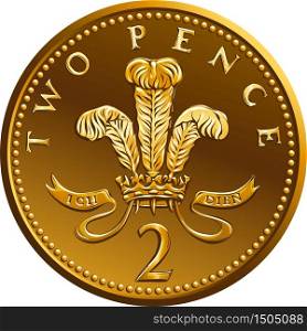 Vector Reverse of British gold coin Two pee or 2 pence with Badge of Prince of Wales, plume of ostrich feathers within a coronet. Vector British money gold coin 2 pence