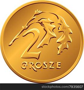 vector reverse Polish Money two groszy copper coin with Value and 2 leaves. reverse Polish Money two groszy copper coin