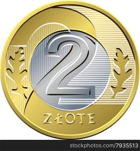 vector reverse Polish Money two zloty gold and silver coin with eagle in a golden crown. reverse Polish Money two zloty coin