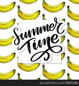 Vector RGB seamless banana pattern. Background is on a separate layer, so you can easily change. Summer time slogan Vector RGB seamless banana pattern. Background is on a separate layer, so you can easily change its color