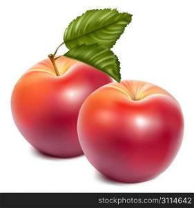 Vector. Ripe red apples with green leaves.