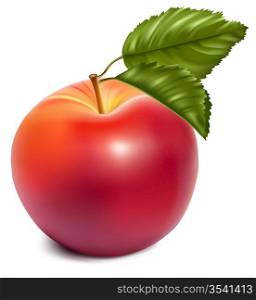 Vector. Ripe red apples with green leaves.
