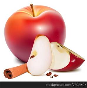 Vector. Ripe red apples with green leaves and cinnamon.