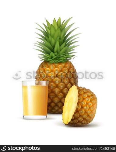 Vector ripe whole and sliced pineapple with glass of juice isolated on white background. Ripe whole and sliced pineapple with glass ofjuice