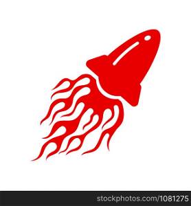 Vector rocket burning flames exhaust. Cartoon red space ship launch emblem with blazing fire flame isolated on white background. Blazing illustration for flammable danger design or gas safety logo.. Red rocket launch emblem with blazing fire flame