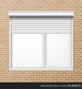 Vector Rolling Shutters. Brick Wall. White Metallic Roller Shutter Illustration.. Window With Rolling Shutters Vector. Brick Wall. Front View. Illustration