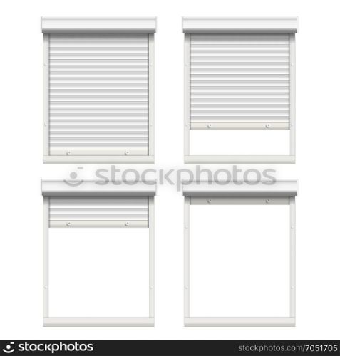 Vector Rolling Shutters. White Metallic Roller Shutter Isolated On White Background Illustration.. Window With Rolling Shutters Vector. Opened And Closed. Front View. Isolated On White Illustration.