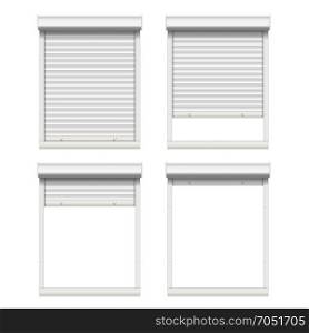 Vector Rolling Shutters. White Metallic Roller Shutter Isolated On White Background Illustration.. Window With Rolling Shutters Vector. Opened And Closed. Front View. Isolated On White Illustration.