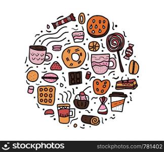 Vector round badge of desserts. Sweets cakes, donuts, candy and others snacks in doodle style isolated on white background.