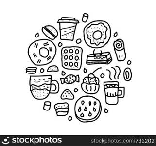 Vector round badge of sketch desserts. Sweets cakes, donuts, candy and others snacks in doodle style isolated on white background.