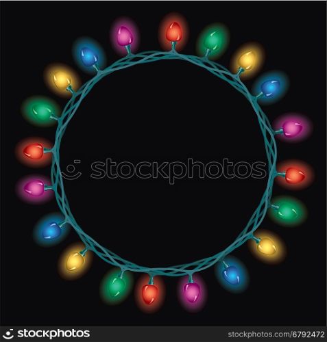 vector round border of christmas light lamps on black background with copy space