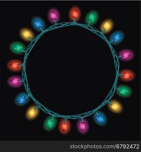 vector round border of christmas light lamps on black background with copy space