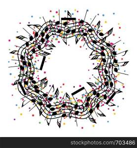 vector round colorful background of music notes on wavy staves, collection of abstract classical music symbols in a wavy circle shape, creative concept in rainbow colors