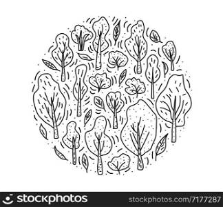 Vector round composition of sketch trees, leaves and bushes. Circle concept illustration of doodle style elements. Black and white badge design.