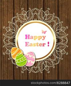 Vector round Easter banner with lace and eggs on a wooden background