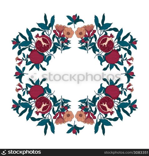 Vector round frame of pomegranate leaves, seeds and flowers. Vector illustration wreath of pomegranate and leaves. Can be used as a greeting card for background, birthday, mother&rsquo;s day and so on.. Vector round frame of pomegranate leaves, seeds and flowers. Vector illustration wreath of pomegranate and leaves. Can be used as a greeting card for background, birthday, mother&rsquo;s day and so on
