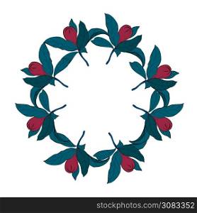 Vector round frame of pomegranate leaves, seeds and flowers. Vector illustration wreath of pomegranate and leaves. Can be used as a greeting card for background, birthday, mother s day and so on.. Vector round frame of pomegranate leaves, seeds and flowers. Vector illustration wreath of pomegranate and leaves. Can be used as a greeting card for background, birthday, mother s day and so on