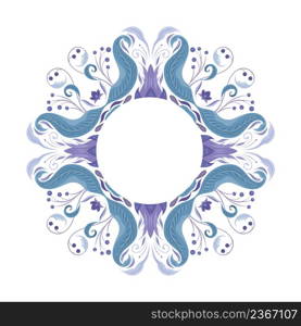 Vector round frame of tender vintage floral ornament and copy space. Baroque border with flowers and place for text in blue pastel colors. Gentle luxury damask template with foliage. Vector round frame of tender vintage floral ornament and copy space. Baroque border with flowers and place for text in blue pastel colors.