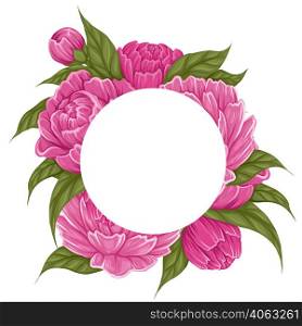 Vector round frame with cartoon peony flowers with foliage and copy space. Natural circle border with floral bouquet and place for text. Template for invitations and banner. Vector round frame with cartoon peony flowers with foliage and copy space. Natural circle border with floral bouquet and place for text.