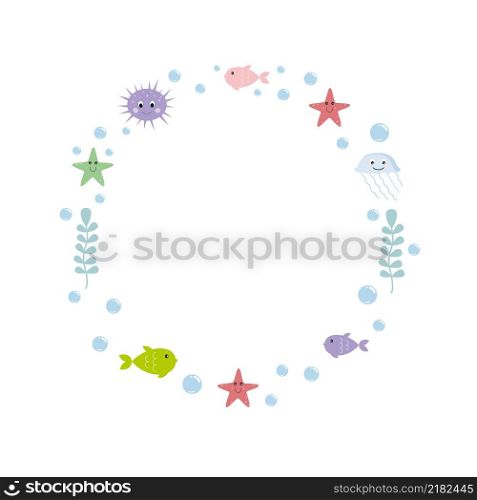 Vector round frame with sea life and sea waves. World ocean day. Children&rsquo;s cartoon illustration for the design of postcards, stickers, books, albums, logos and children&rsquo;s clothing.