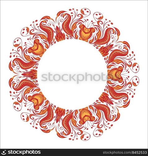 Vector round frame with vintage floral ornament and place for text. Baroque frieze with red and yellow flowers, foliage and curls isolated from background. Luxury damask circle border. Vector round frame with vintage floral ornament and place for text. Baroque frieze with red and yellow flowers, foliage and curls