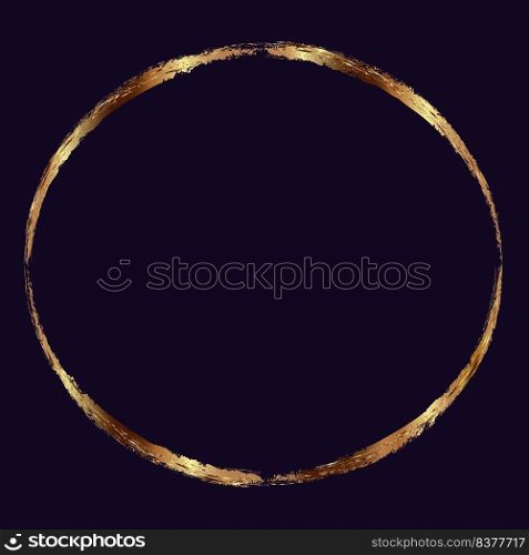 Vector round gold frame with glitter effect on dark violet background. Gold or copper round frame with metallic sheen on a dark background.. Vector round gold frame with glitter effect