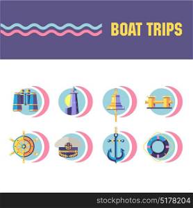 Vector round icons. Boat trips. Binoculars, lighthouse, ship bell, ship wheel, captain&rsquo;s cap, anchor, life buoy.