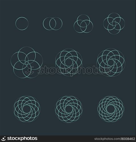vector round light outline monochrome variations sacred geometry decoration elements collection isolated dark background &#xA;