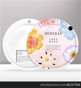 Vector Round Shaped Facial Mask Foil Bag Packet with Hand Drawn Floral Print Pattern.