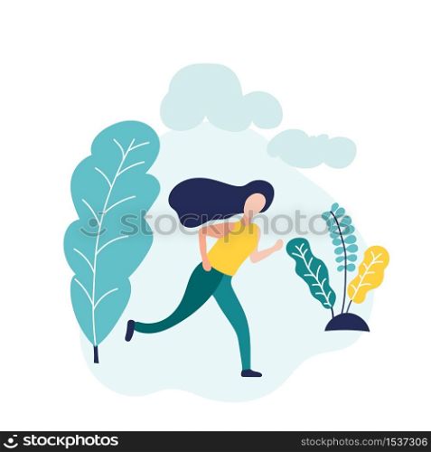 Vector Running woman with long hairs. On the background of autumn trees and clouds. It can be used for advertising a healthy lifestyle and the environment. Illustration.. Vector Running woman with long hairs. On the background of autumn trees and clouds. It can be used for advertising a healthy lifestyle and the environment. Illustration