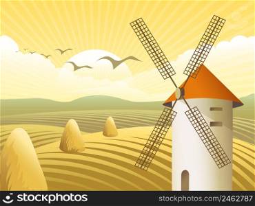 Vector rural landscape. Windmills with konsnoy roof, amid fields and stack hay