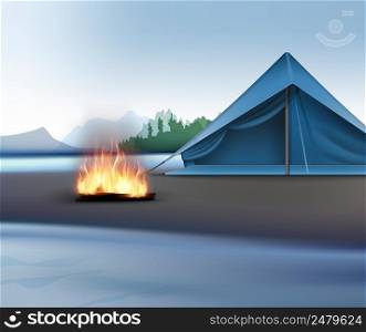 Vector rural landscape with river, mountains, sky, blue tent and bonfire. Landscape with Camping zone