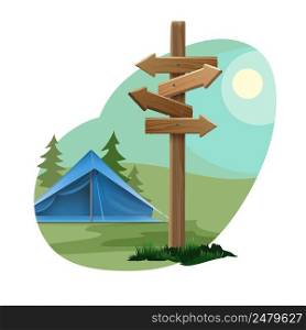 Vector rural landscape with sky, sun, forest, blue tent and directional signpost. Landscape with camping zone