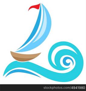 Vector sailing ship and blue wave. Travel concept.