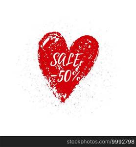 Vector. Sale 50 off. Red paint brush heart. Happy Valentine Day background. Valentines love poster with texture. Illustration