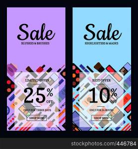 Vector sale banners for beauty shop with makeup and skincare in flat style backgrounds with transparent rectangles with place for text illustration. Vector sale banners for beauty shop with makeup and skincare in flat style background