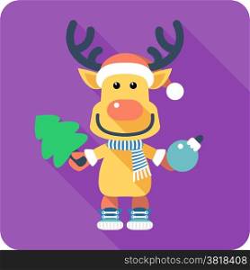 Vector Santa&rsquo;s reindeer icon flat design with Christmas tree and Christmas ball
