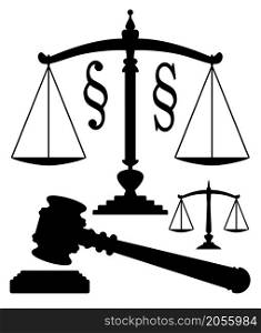 vector scales of justice, gavel and paragraph symbols