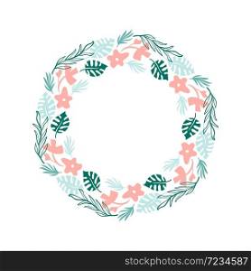 Vector Scandinavian flower and leaves frame. Ornament decorative floral circle design. Spring flower wreath with plants decoration.. Vector Scandinavian flower and leaves frame. Ornament decorative floral circle design. Spring flower wreath with plants decoration