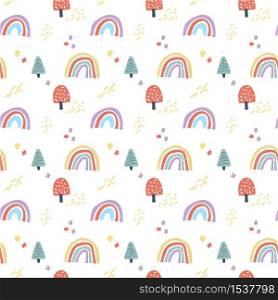 Vector scandinavian seamless pattern clouds, rain, sun and rainbow. Cute simple doodle background for children room textile, wallpaper.. Vector scandinavian seamless pattern clouds, rain, sun and rainbow. Cute simple doodle background for children room textile, wallpaper