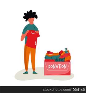 Vector scene with a boy giving goods for charity. Cardboard box full of clothing, toys, shoes. Flat Design. Vector scene with a boy giving goods for charity.