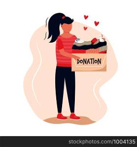 Vector scene with a girl giving goods in a cardboard box for charity. Flat Design. Vector scene with a girl giving goods for charity.