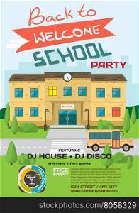 Vector school party invitation disco style. Meeting of graduates, high school students. Building in park with bus on the background of the city