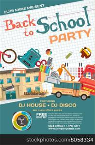 Vector school party invitation disco style. Meeting of graduates, high school students. School items, bus, house, stationery
