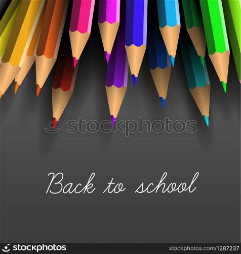 Vector School poster - colorful crayons on dark background and lettering Back to school. Vector Back to school poster with crayons