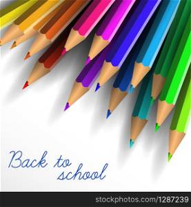 Vector School poster - colorful crayons on white background and lettering Back to school. Vector Back to school poster with crayons