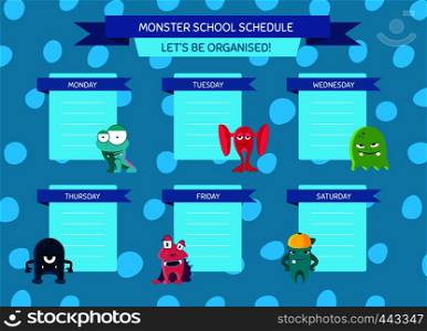 Vector school schedule with ribbons, cartoon monsters on circles background. Template chart school illustration. Vector school schedule with ribbons, cartoon monsters on circles background